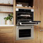 ZLINE 30 in. Professional True Convection Double Wall Oven with Air Fry and Self Clean in Stainless Steel (WAD-30) in a kitchen with wooden cabinets and decor