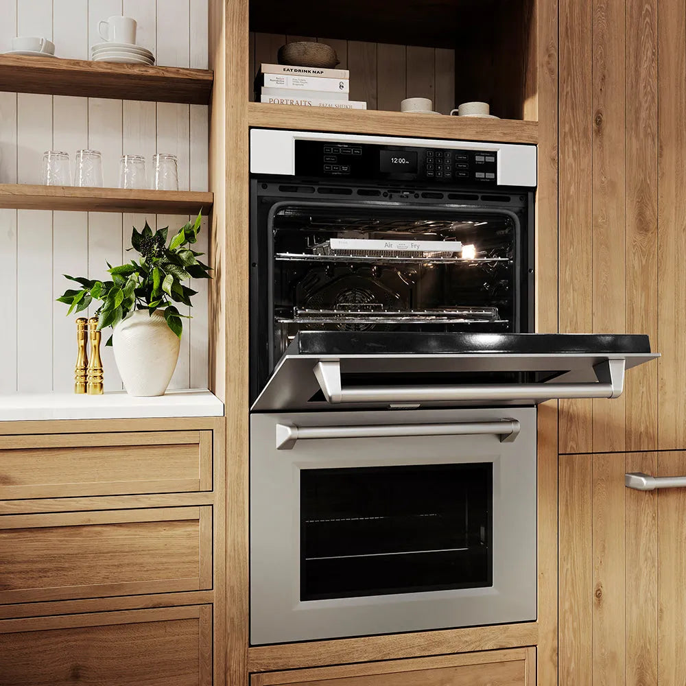 ZLINE 30 in. Professional True Convection Double Wall Oven with Air Fry and Self Clean in Stainless Steel (WAD-30) in a kitchen with wooden cabinets and decor