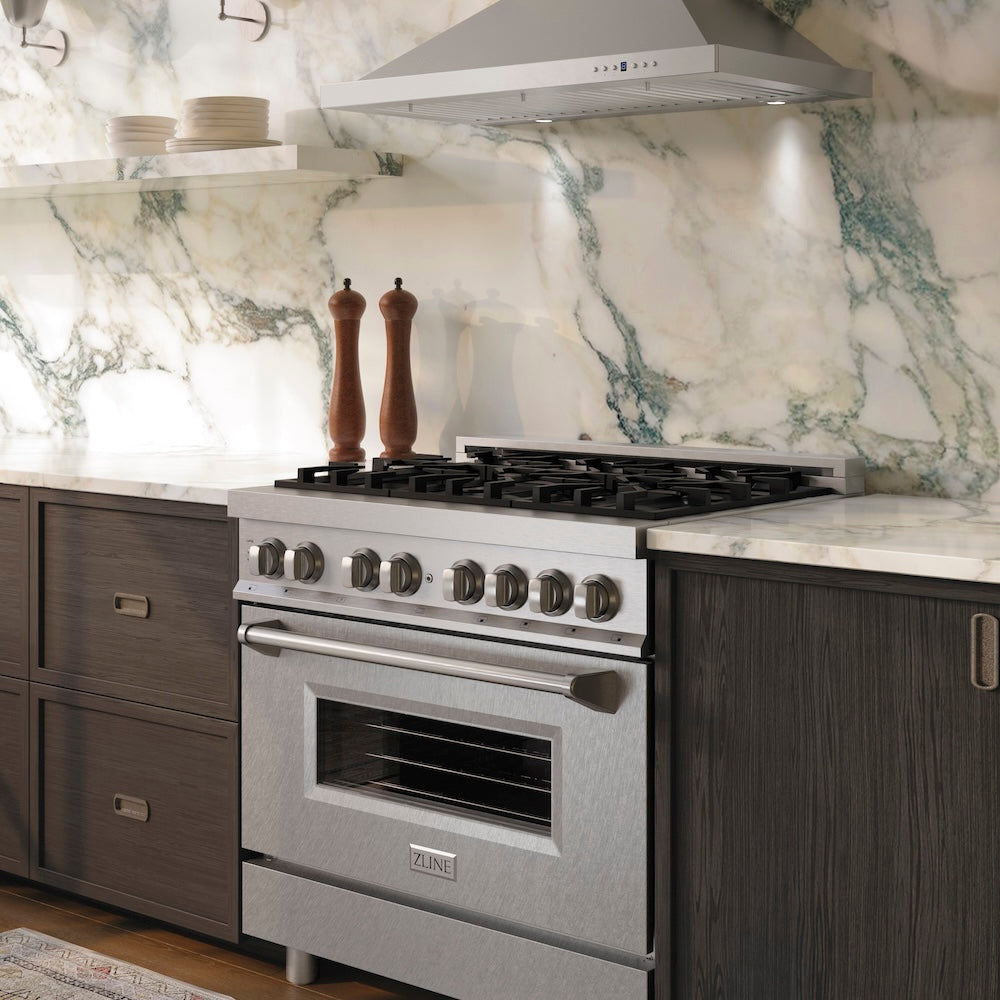 ZLINE 36 in. 4.6 cu. ft. Legacy Dual Fuel Range with 6 Burner Gas Cooktop and Electric Convection Oven in Stainless Steel with Satin Stainless Steel Door (RA-SN-36)