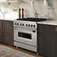 ZLINE 36 in. 4.6 cu. ft. Legacy Dual Fuel Range with 6 Burner Gas Cooktop and Electric Convection Oven in Stainless Steel (RA36) in a kitchen with marble backsplash and dark wood cabinets.