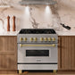 ZLINE Autograph Edition 36 in. 4.6 cu. ft. Legacy Dual Fuel Range with 6 Burner Gas Cooktop and Electric Convection Oven in Stainless Steel and Champagne Bronze Accents (RAZ-36-CB) in a kitchen setting