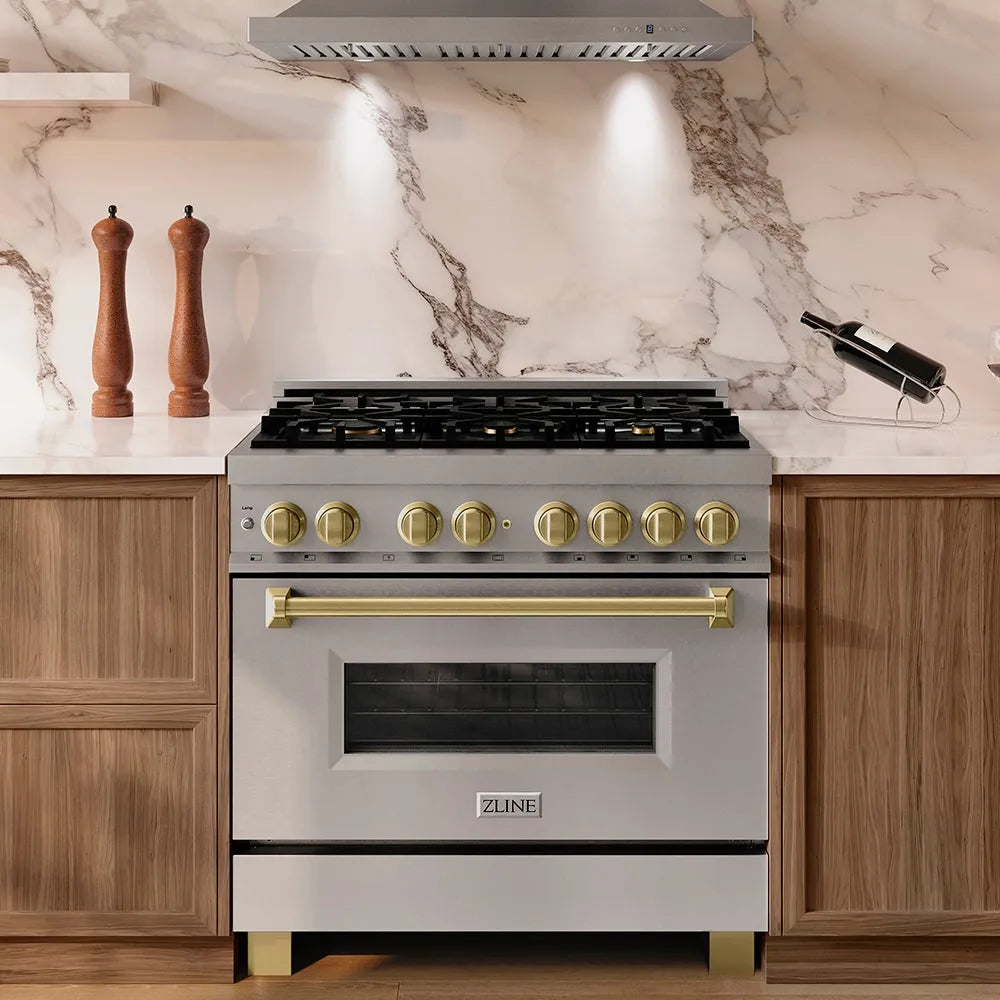 ZLINE Autograph Edition 36 in. 4.6 cu. ft. Legacy Dual Fuel Range with 6 Burner Gas Cooktop and Electric Convection Oven in Stainless Steel and Champagne Bronze Accents (RAZ-36-CB) in a kitchen setting