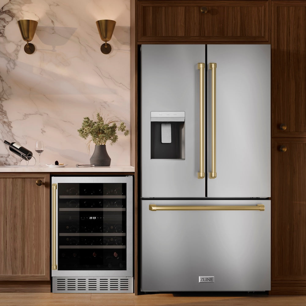 Modern kitchen with ZLINE Autograph Edition 36 in. 28.9 cu. ft. Standard-Depth French Door External Water Dispenser Refrigerator with Dual Ice Maker in Fingerprint-Resistant Stainless Steel and Champagne Bronze Traditional Handles (RSMZ-W-36-CB) and wine cooler.