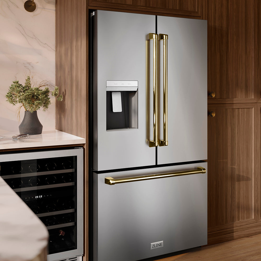 Designer kitchen with a ZLINE Autograph Edition 36 in. 28.9 cu. ft. Standard-Depth French Door External Water Dispenser Refrigerator with Dual Ice Maker in Fingerprint-Resistant Stainless Steel and Polished Gold Traditional Handles (RSMZ-W-36-G) and wine cooler.