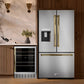 Designer kitchen with ZLINE Autograph Edition 36 in. 28.9 cu. ft. Standard-Depth French Door External Water Dispenser Refrigerator with Dual Ice Maker in Fingerprint-Resistant Stainless Steel and Polished Gold Traditional Handles (RSMZ-W-36-G) and wine cooler.