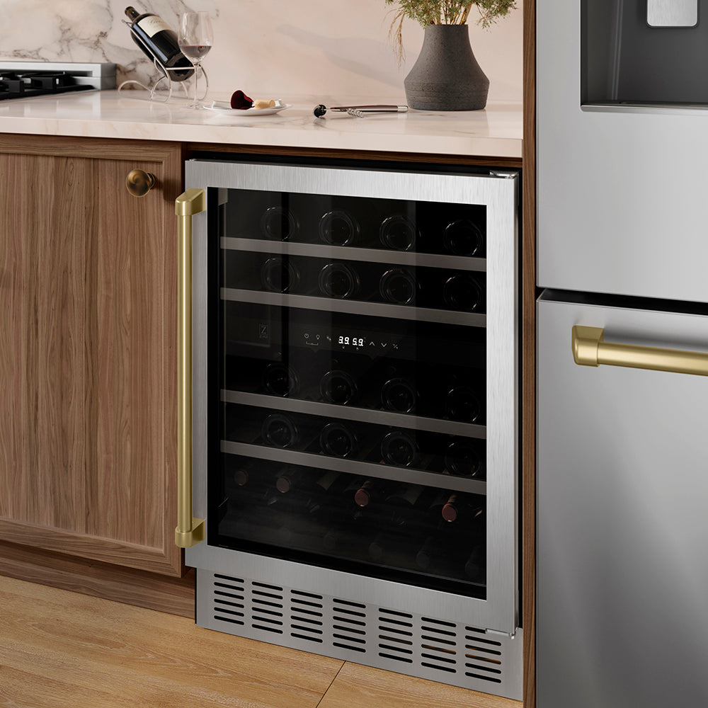 ZLINE Autograph Edition 24 in. Monument Dual Zone 44 Bottle Wine Cooler in Stainless Steel with Champagne Bronze Accents (RWVZ-UD-24-CB)