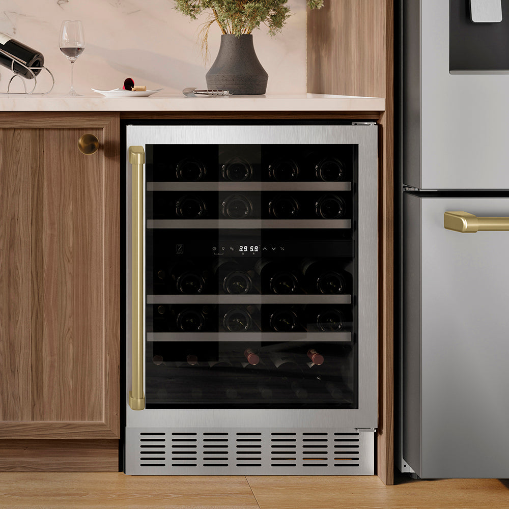 ZLINE Autograph Edition 24 in. Monument Dual Zone 44 Bottle Wine Cooler in Stainless Steel with Champagne Bronze Accents (RWVZ-UD-24-CB)