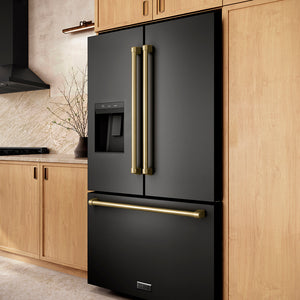 ZLINE Autograph Edition 36 in. 28.9 cu. ft. Standard-Depth French Door External Water Dispenser Refrigerator with Dual Ice Maker in Fingerprint-Resistant Black Stainless Steel and Champagne Bronze Traditional Handles (RSMZ-W-36-BS-CB) in a kitchen setting
