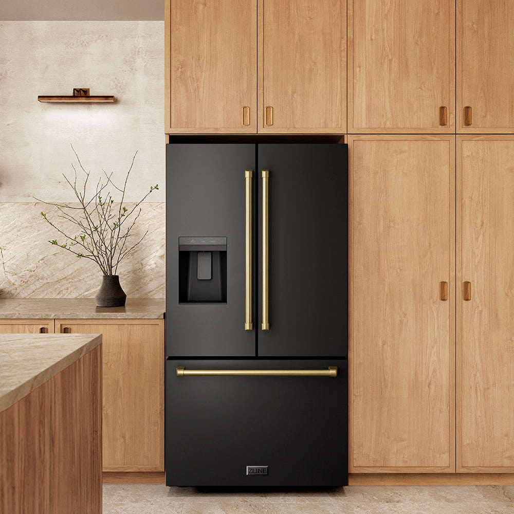 ZLINE Autograph Edition 36 in. 28.9 cu. ft. Standard-Depth French Door External Water Dispenser Refrigerator with Dual Ice Maker in Fingerprint-Resistant Black Stainless Steel and Champagne Bronze Traditional Handles (RSMZ-W-36-BS-CB) in a kitchen setting