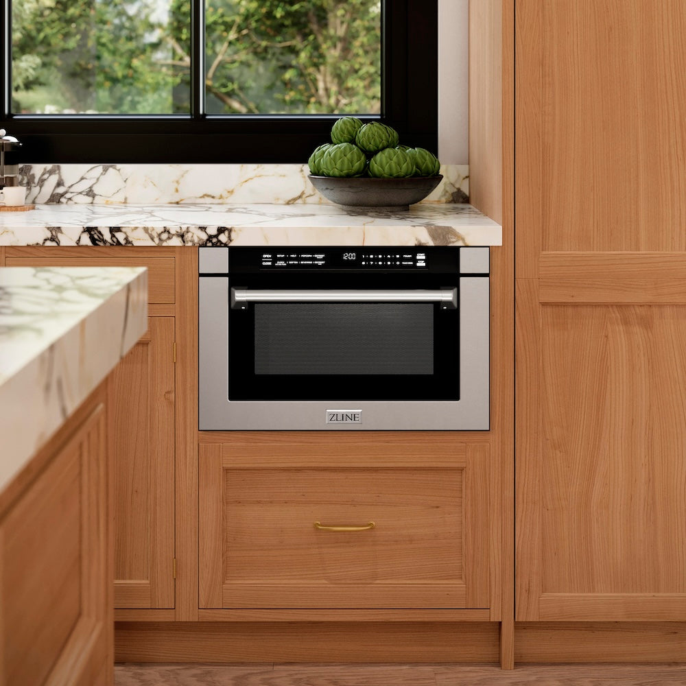 Modern kitchen with wooden cabinets, marble countertop, and ZLINE 24 in. 1.2 cu. ft. Built-in Microwave Drawer with a Traditional Handle in Stainless Steel (MWD-1-H).