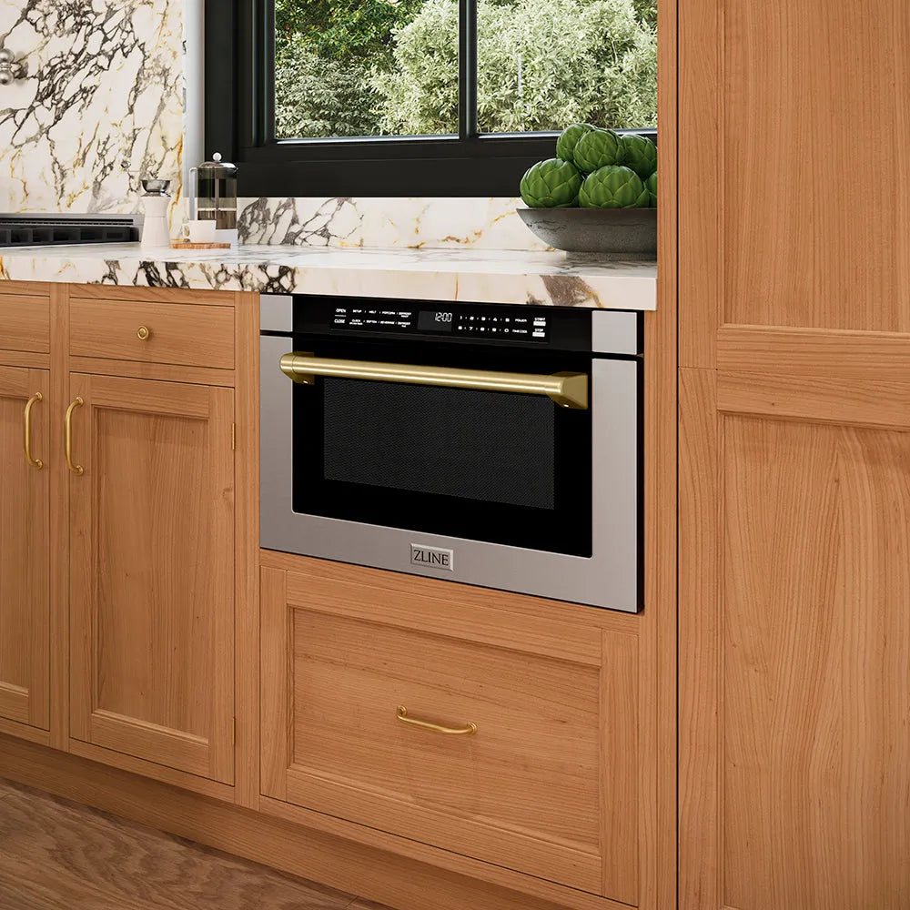 Modern kitchen with wooden cabinets and a ZLINE Autograph Edition 24 in. 1.2 cu. ft. Built-in Microwave Drawer with a Traditional Handle in Stainless Steel and Champagne Bronze Accents (MWDZ-1-H-CB)