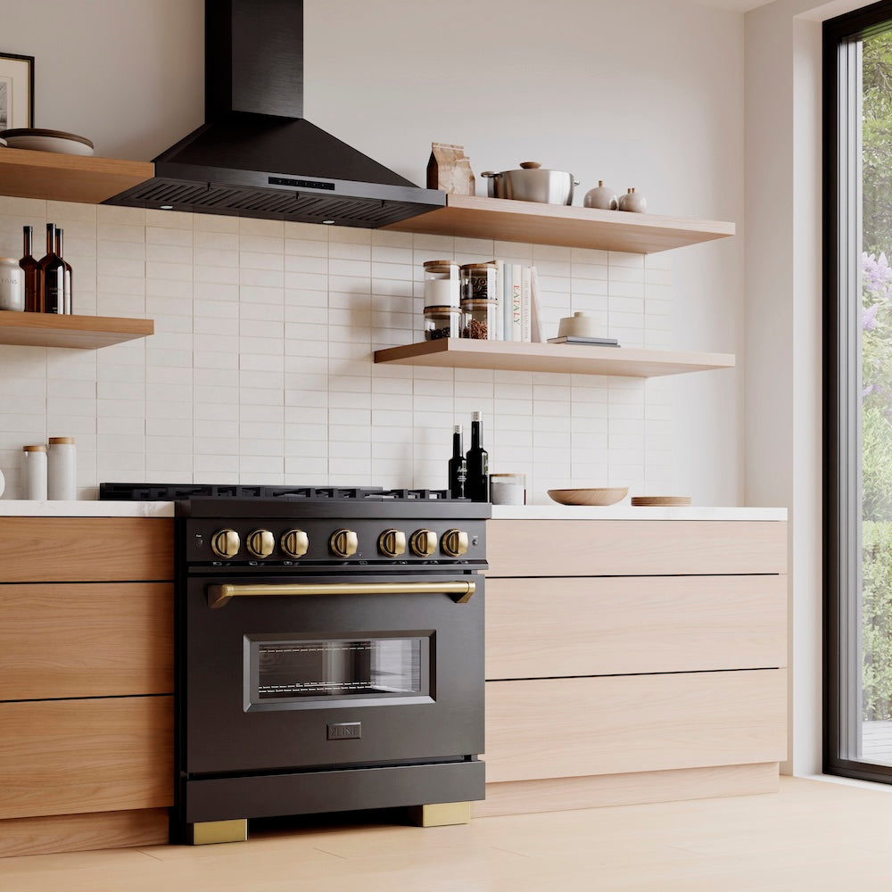 ZLINE Autograph Edition 36 in. 5.2 cu. ft. Classic Dual Fuel Range with 6 Burner DuoPro™ Cooktop and Electric Convection Oven in Black Stainless Steel and Champagne Bronze Accents, Open Box-Great Condition