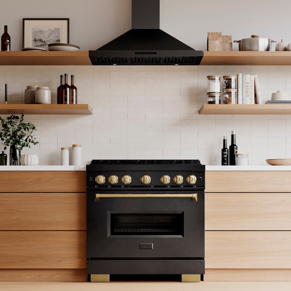ZLINE Autograph Edition 36 in. 5.2 cu. ft. Classic Dual Fuel Range with 6 Burner DuoPro™ Cooktop and Electric Convection Oven in Black Stainless Steel and Champagne Bronze Accents, Open Box-Great Condition