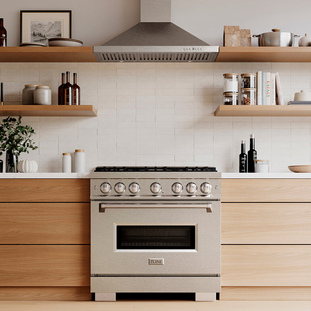 ZLINE 36 in. 5.2 cu. ft. Classic Dual Fuel Range with 6 Burner DuoPro™ Cooktop and Electric Convection Oven in Satin Stainless Steel, Open Box-Great Condition