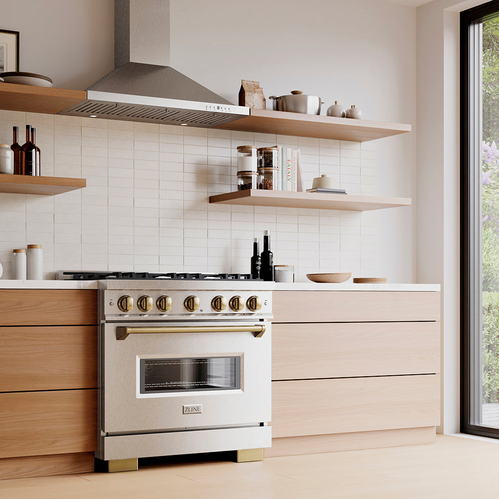 ZLINE Autograph Edition 36 in. 5.2 cu. ft. Classic Dual Fuel Range with 6 Burner DuoPro™ Cooktop and Electric Convection Oven in Satin Stainless Steel and Champagne Bronze Accents, Open Box-Great Condition