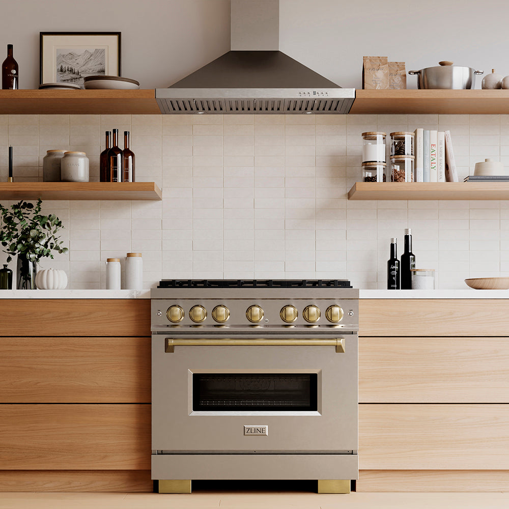 ZLINE Autograph Edition 36 in. 5.2 cu. ft. Classic Dual Fuel Range with 6 Burner DuoPro™ Cooktop and Electric Convection Oven in Stainless Steel and Champagne Bronze Accents, Open Box-Great Condition