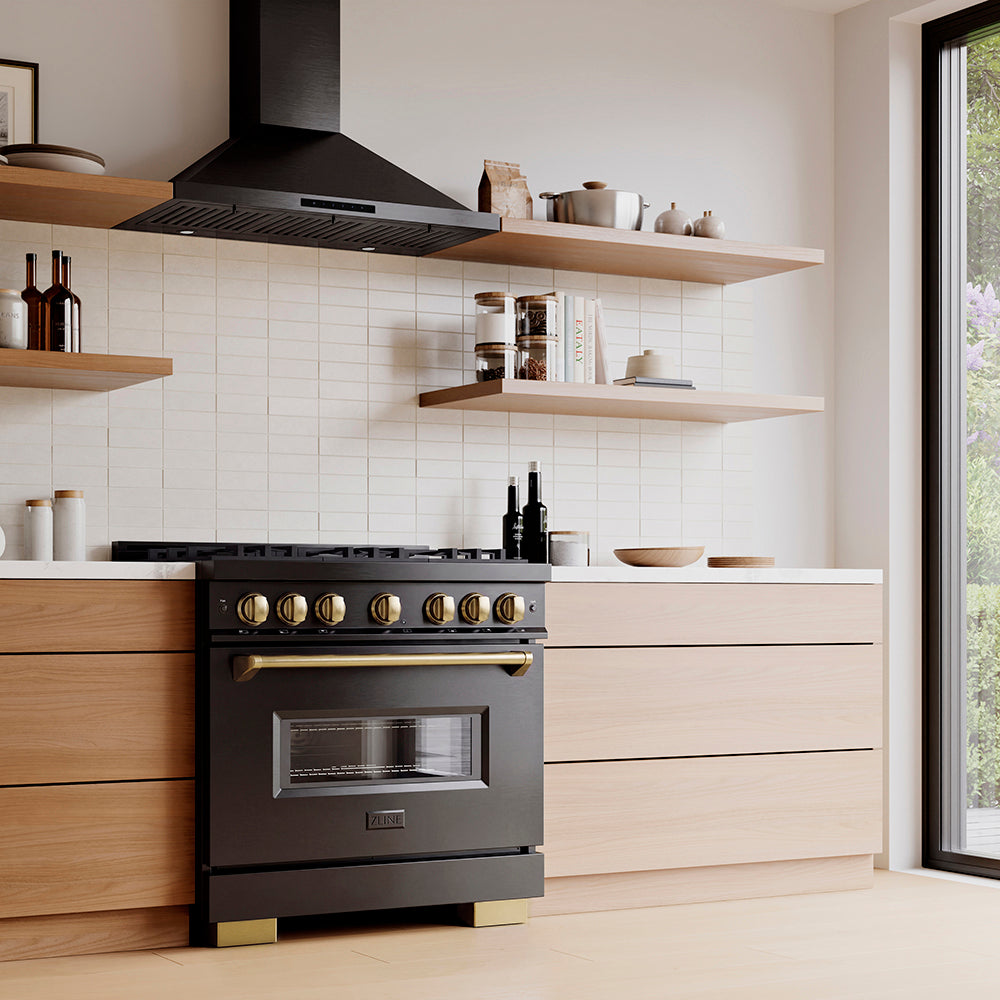 ZLINE Autograph Edition 36 in. 5.2 cu. ft. Classic Gas Range with 6 Burner DuoPro™ Cooktop and Convection Gas Oven in Black Stainless Steel and Champagne Bronze Accents, Open Box-Great Condition