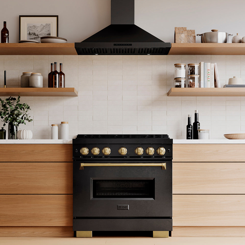 ZLINE Autograph Edition 36 in. 5.2 cu. ft. Classic Gas Range with 6 Burner DuoPro™ Cooktop and Convection Gas Oven in Black Stainless Steel and Champagne Bronze Accents, Open Box-Great Condition