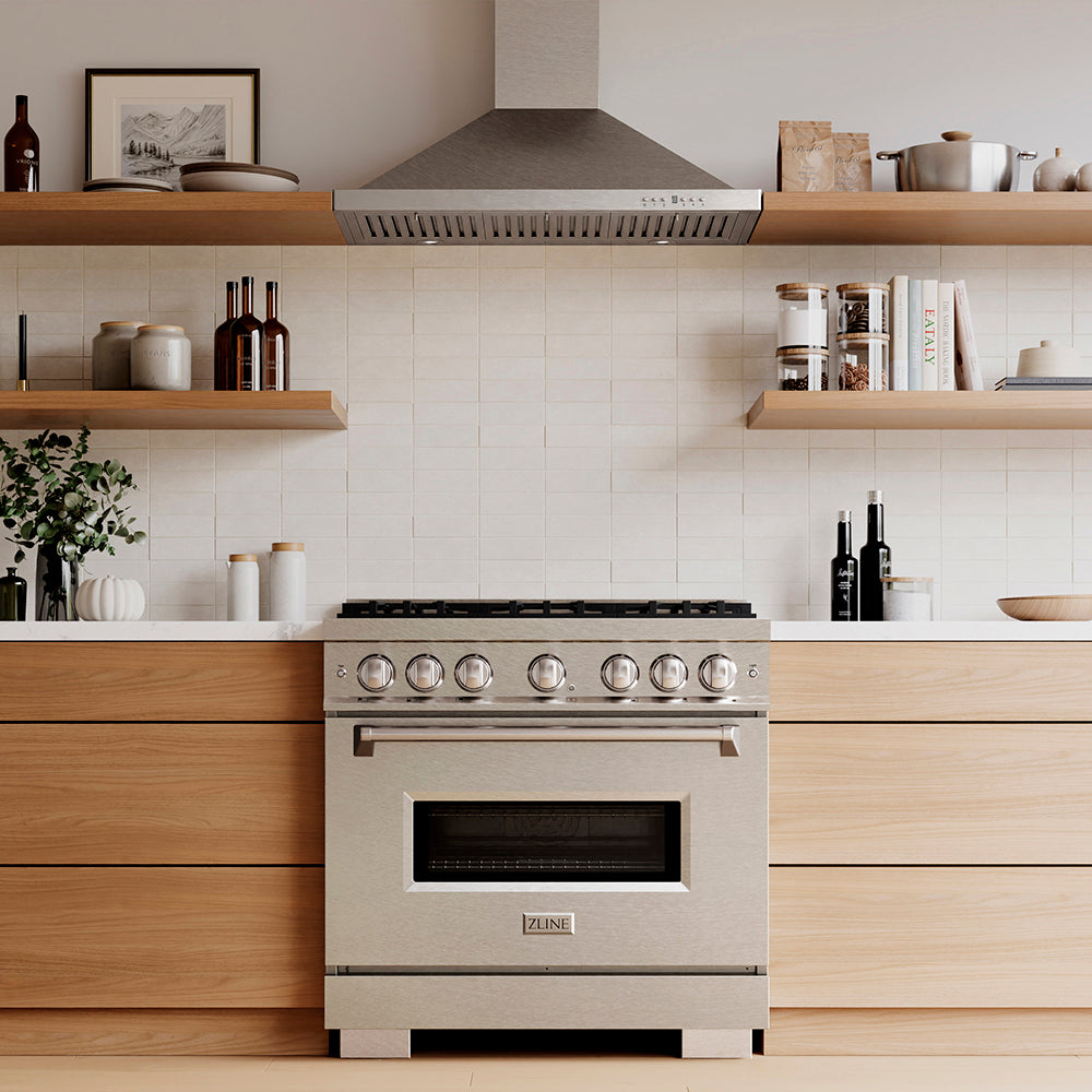 ZLINE 36 in. 5.2 cu. ft. Classic Gas Range with 6 Burner DuoPro™ Cooktop and Convection Gas Oven in Satin Stainless Steel, Open Box-Great Condition