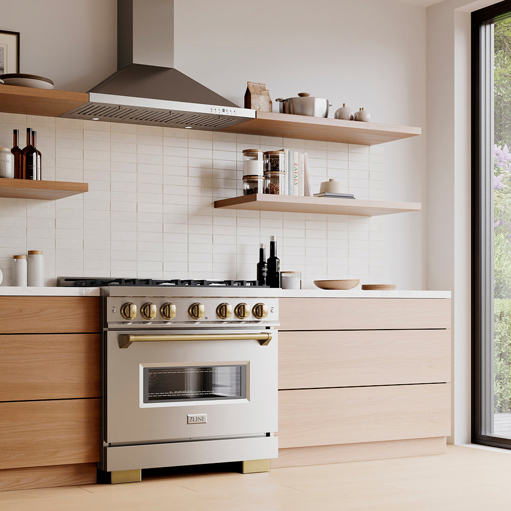 ZLINE Autograph Edition 36 in. 5.2 cu. ft. Classic Gas Range with 6 Burner DuoPro™ Cooktop and Convection Gas Oven in Stainless Steel and Champagne Bronze Accents, Open Box-Great Condition