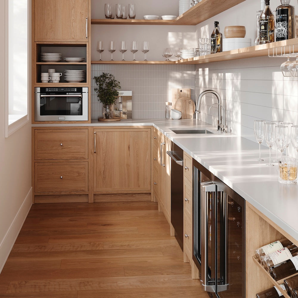 Modern Butler's Pantry with ZLINE 24 in. 1.2 cu. ft. Built-in Microwave Drawer with a Traditional Handle in Stainless Steel (MWD-1-H), wooden cabinets, white countertops, and stainless steel appliances.