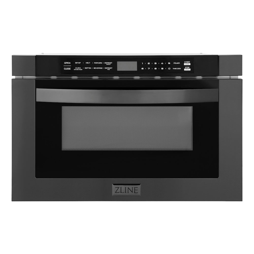 ZLINE Kitchen Package with Black Stainless Steel Refrigeration, 48 in. Dual Fuel Range, 48 in. Range Hood, Microwave Drawer, and 24 in. Tall Tub Dishwasher (5KPR-RABRH48-MWDWV)