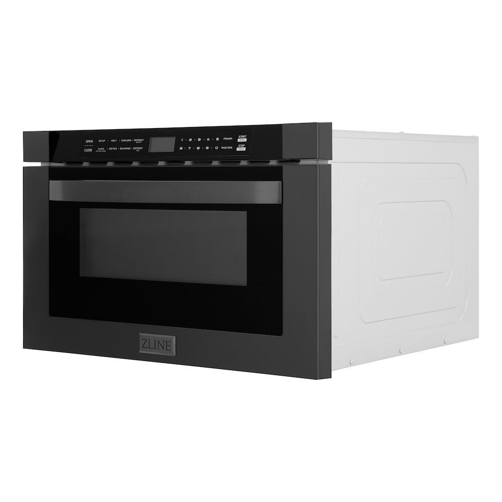 ZLINE Kitchen Package with Black Stainless Steel Refrigeration, 48 in. Dual Fuel Range, 48 in. Range Hood, Microwave Drawer, and 24 in. Tall Tub Dishwasher (5KPR-RABRH48-MWDWV)