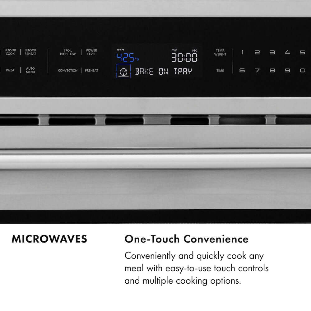 ZLINE Microwave Infographic. Image: Microwave digital display and control panel. Text: One-Touch Convenience. Conveniently and quickly cook any meal with easy-to-use touch controls and multiple cooking options.