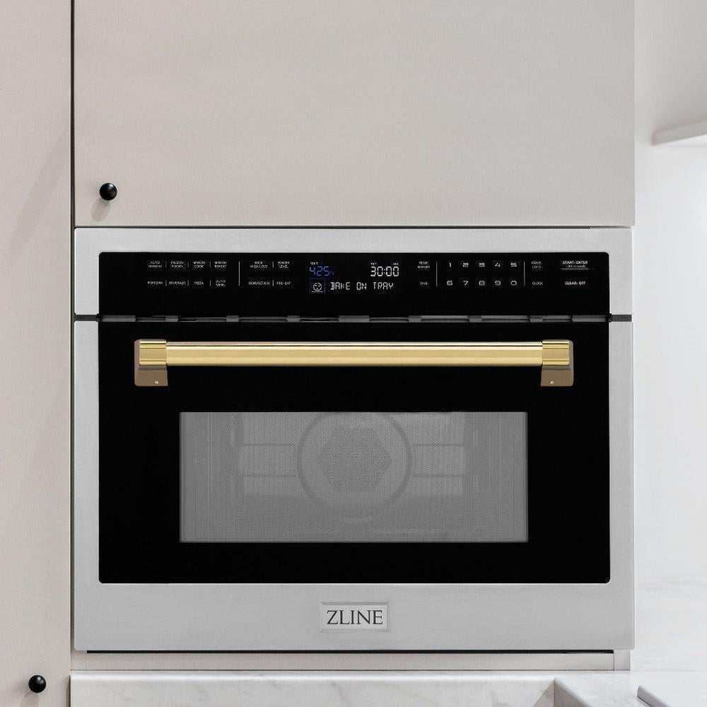 ZLINE Autograph Edition 24 in. 1.6 cu ft. Built-in Convection Microwave Oven in Stainless Steel with Polished Gold Accents (MWOZ-24-G) in a kitchen