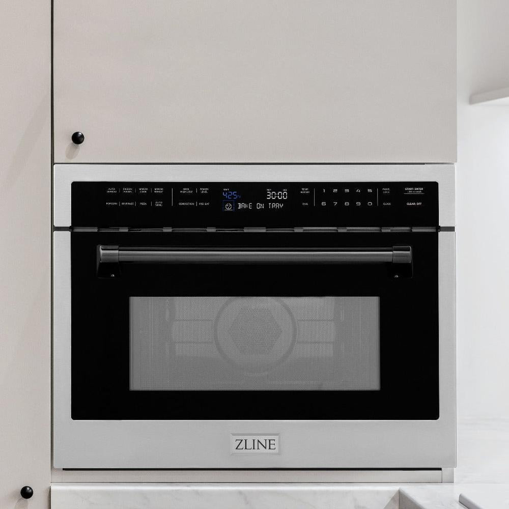 ZLINE Autograph Edition 24 in. 1.6 cu ft. Built-in Convection Microwave Oven in Stainless Steel with Matte Black Accents (MWOZ-24-MB) in a kitchen wall