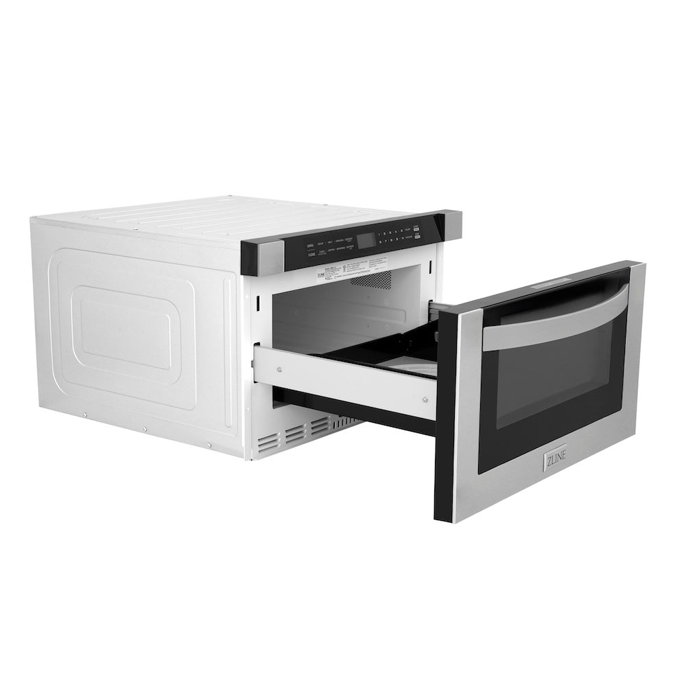 ZLINE 24 in. 1.2 cu. ft. Stainless Steel Built-in Microwave Drawer (MWD-1) side, open.
