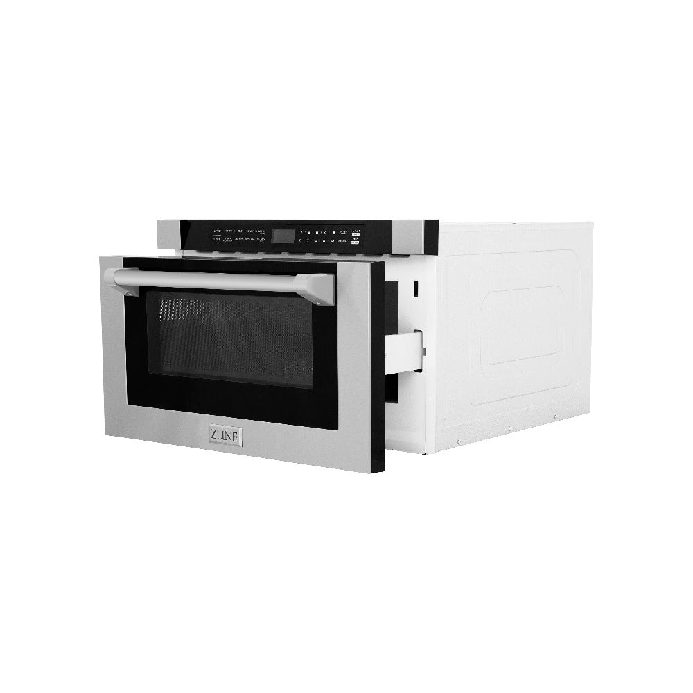 ZLINE 24 in. 1.2 cu. ft. Built-in Microwave Drawer in Stainless Steel with a Traditional Handle (MWD-1-H) side, partially open.