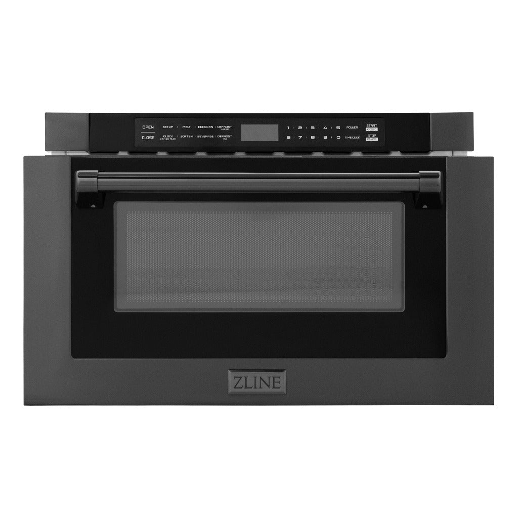 ZLINE 24 in. 1.2 cu. ft. Black Stainless Steel Built-in Microwave Drawer with a Traditional Handle (MWD-1-BS-H) front, open.