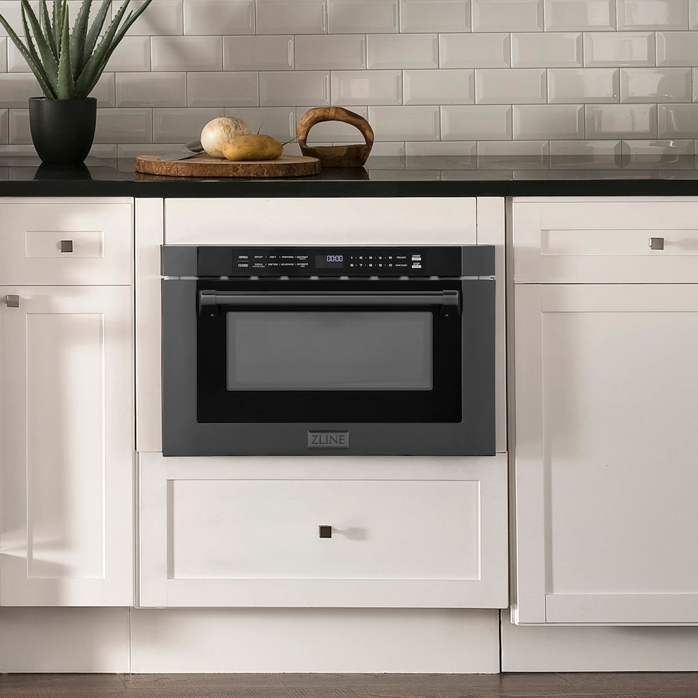 ZLINE 24 in. 1.2 cu. ft. Built-in Microwave Drawer with a Traditional Handle in Black Stainless Steel, Open Box-Excellent Condition