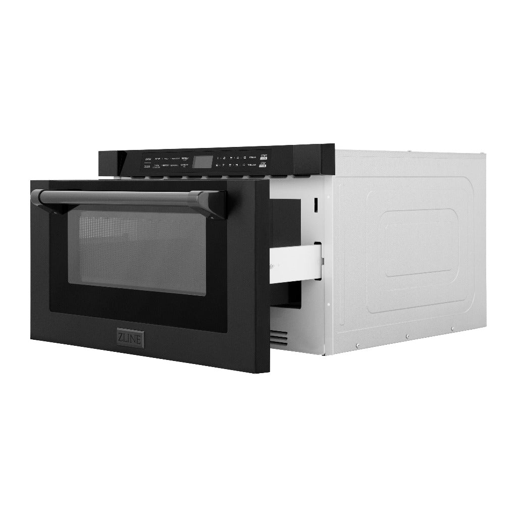 ZLINE 24 in. 1.2 cu. ft. Black Stainless Steel Built-in Microwave Drawer with a Traditional Handle (MWD-1-BS-H) side, open.