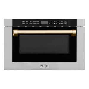 ZLINE Autograph Edition 24 in. 1.2 cu. ft. Built-in Microwave Drawer with a Traditional Handle in Stainless Steel and Polished Gold Accents (MWDZ-1-H-G) main image.