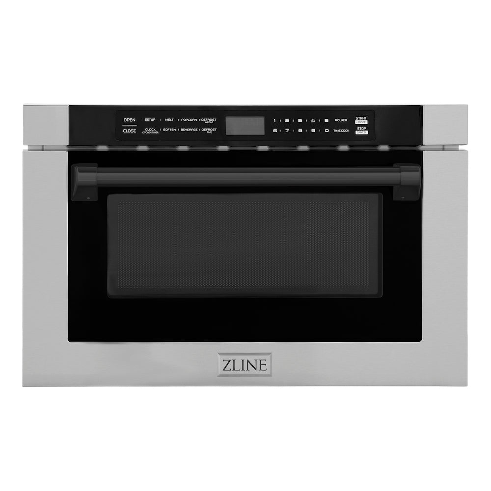 ZLINE Autograph Edition 24 in. 1.2 cu. ft. Built-in Microwave Drawer with a Traditional Handle in Stainless Steel and Matte Black Accents (MWDZ-1-H-MB) main image.