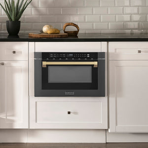 Modern kitchen with a ZLINE Autograph Edition 24 in. 1.2 cu. ft. Built-in Microwave Drawer in Black Stainless Steel and Champagne Bronze Accents (MWDZ-1-BS-H-CB) and white cabinets.