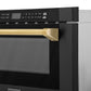 ZLINE Autograph Edition 24 in. 1.2 cu. ft. Built-in Microwave Drawer in Black Stainless Steel with Polished Gold Accents (MWDZ-1-BS-H-G) handle close-up on a white background.