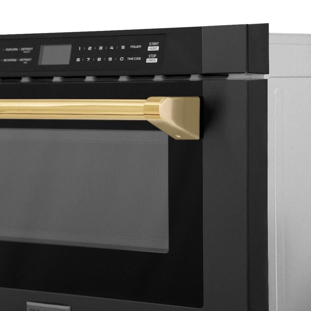 ZLINE Autograph Edition 24 in. 1.2 cu. ft. Built-in Microwave Drawer in Black Stainless Steel with Polished Gold Accents (MWDZ-1-BS-H-G) handle close-up on a white background.