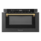 ZLINE Autograph Edition 24 in. 1.2 cu. ft. Built-in Microwave Drawer in Black Stainless Steel and Polished Gold Helix Handle (MWDZ-1-BS-H-KG) front, open.