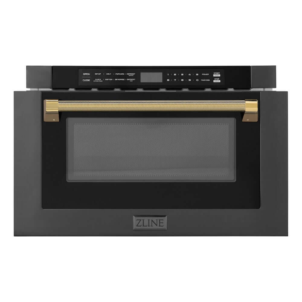 ZLINE Autograph Edition 24 in. 1.2 cu. ft. Built-in Microwave Drawer in Black Stainless Steel and Polished Gold Helix Handle (MWDZ-1-BS-H-KG) front, open.