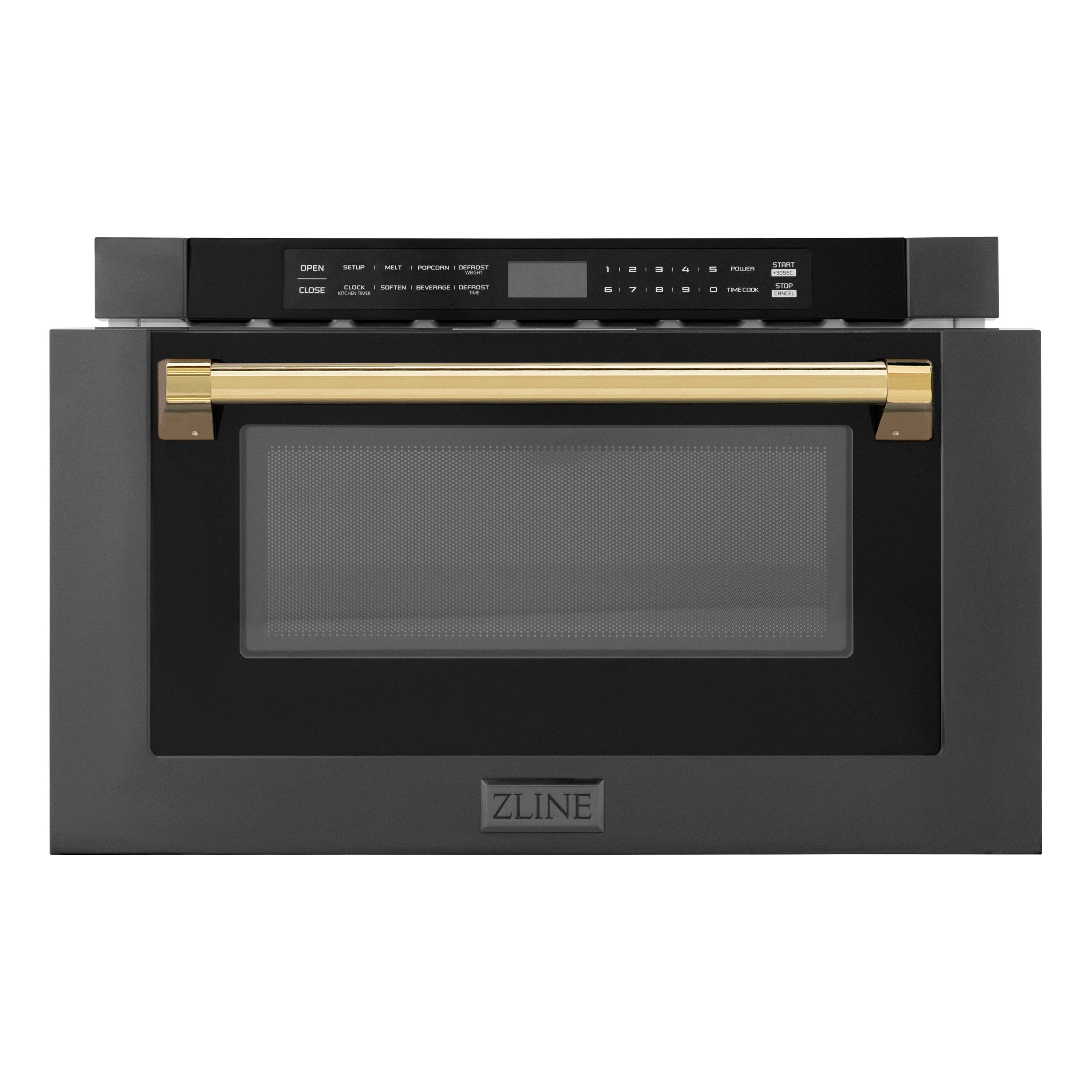 ZLINE Autograph Edition 24 in. 1.2 cu. ft. Built-in Microwave Drawer in Black Stainless Steel with Gold Accents (MWDZ-1-BS-H-G) Front View Drawer Open