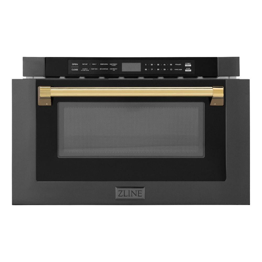 ZLINE Autograph Edition 24 in. 1.2 cu. ft. Built-in Microwave Drawer in Black Stainless Steel with Polished Gold Accents (MWDZ-1-BS-H-G) front, open.