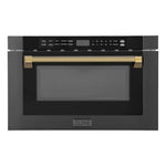 ZLINE Autograph Edition 24 in. 1.2 cu. ft. Built-in Microwave Drawer in Black Stainless Steel and Polished Gold Helix Handle (MWDZ-1-BS-H-KG) front.