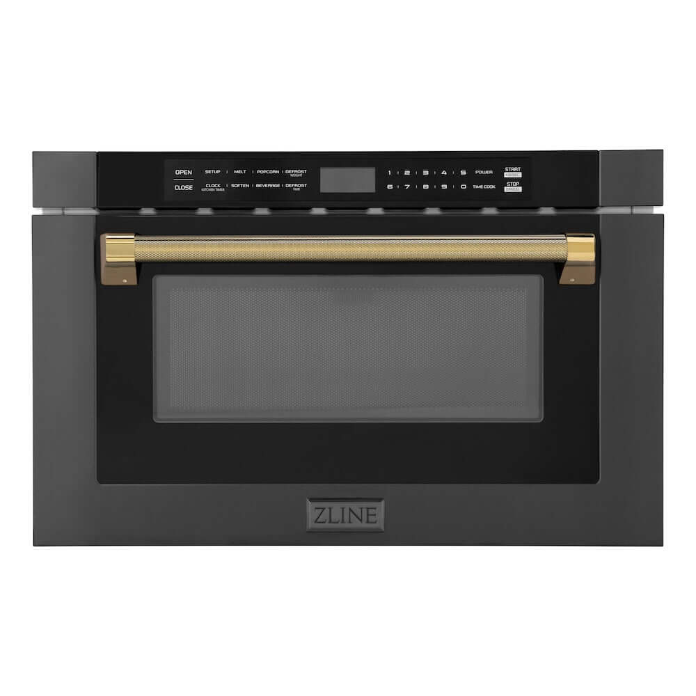 ZLINE Autograph Edition 24 in. 1.2 cu. ft. Built-in Microwave Drawer in Black Stainless Steel and Polished Gold Helix Handle (MWDZ-1-BS-H-KG) front.