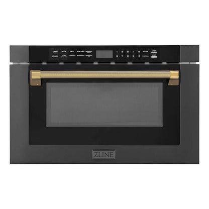 ZLINE Autograph Edition 24 in. 1.2 cu. ft. Built-in Microwave Drawer in Black Stainless Steel and Polished Gold Helix Handle (MWDZ-1-BS-H-KG) front.