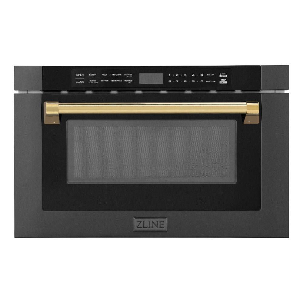 ZLINE Autograph Edition 24 in. 1.2 cu. ft. Built-in Microwave Drawer in Black Stainless Steel with Polished Gold Accents (MWDZ-1-BS-H-G) main image.