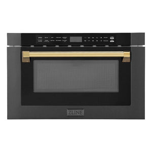 ZLINE Autograph Edition 24 in. 1.2 cu. ft. Built-in Microwave Drawer in Black Stainless Steel with Polished Gold Accents (MWDZ-1-BS-H-G) main image.
