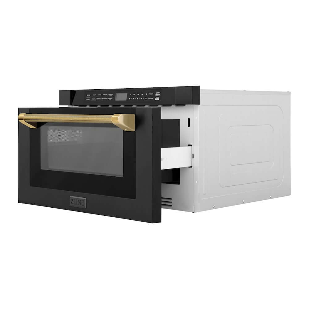 ZLINE Autograph Edition 24 in. 1.2 cu. ft. Built-in Microwave Drawer in Black Stainless Steel and Polished Gold Helix Handle (MWDZ-1-BS-H-KG) side, open.